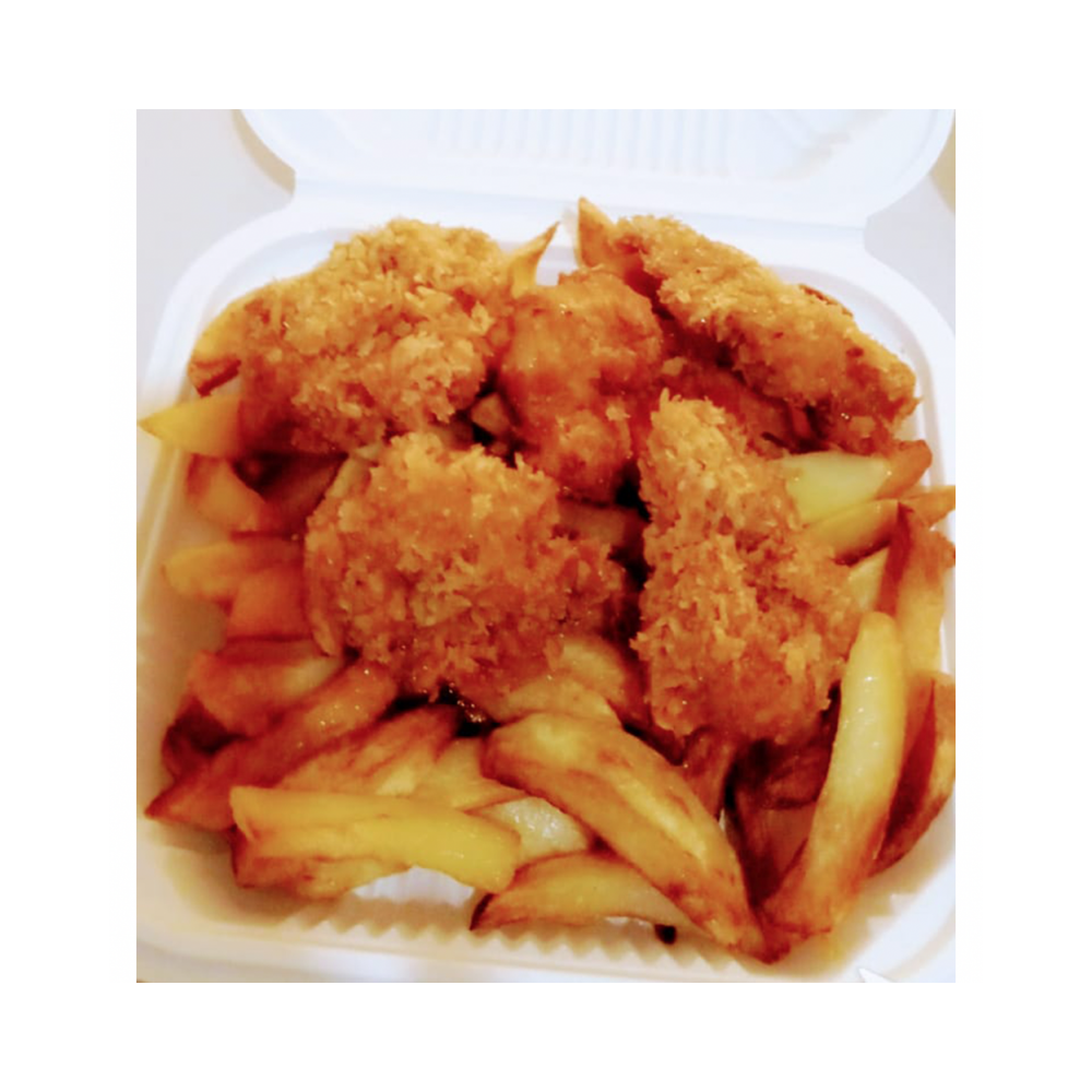 Crispy Coconut Crusted Shrimp and Fries & Salad 